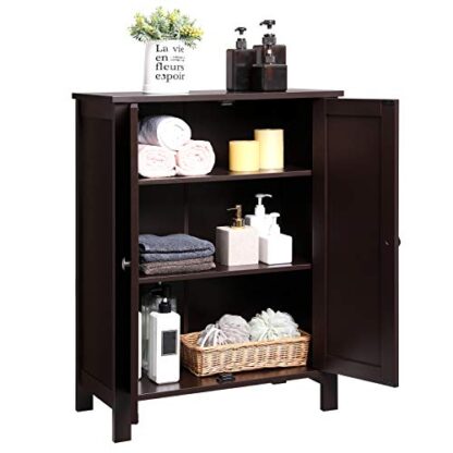 Brown Bathroom Floor Storage Cabinet with Double Door Adjustable Shelf - Image 6