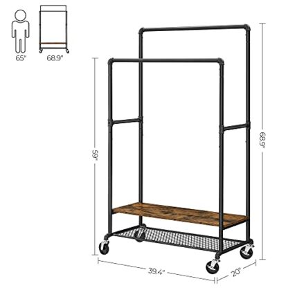 Rustic Brown + Black Rolling Clothes Rack, Double Rail Garment Rack on Wheels - Image 4