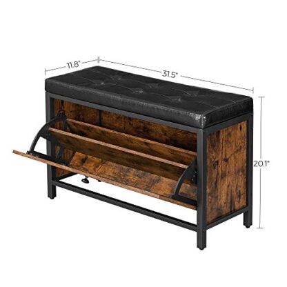 Rustic Brown + Black Shoe Bench, Padded Shoe Storage Bench - Image 3