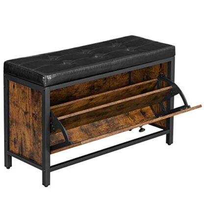 Rustic Brown + Black Shoe Bench, Padded Shoe Storage Bench - Image 9