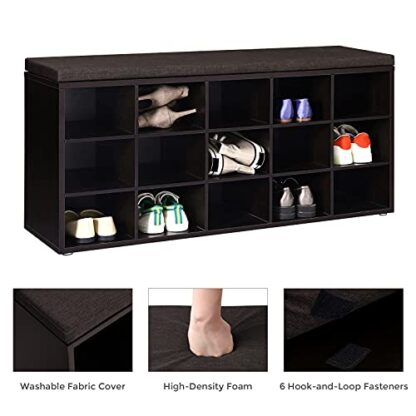 Espresso + Brown Shoe Bench with Cushion, Storage Bench with 15 Compartments, Shoe Rack Bench, Shoe Shelf, Storage Cabinet, for Entryway, Holds up to 440 lb - Image 3