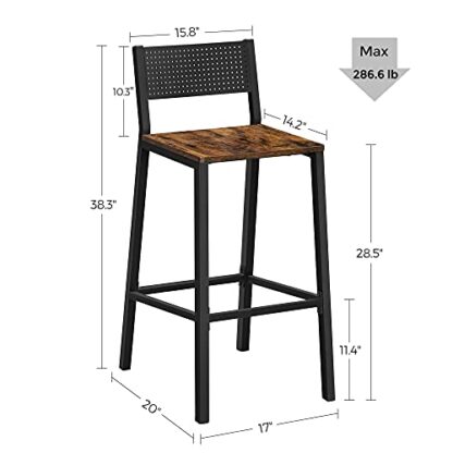 Set of 2 Rustic Brown + Black Bar Stools, Bar Chairs,Tall Bar Stools with Backrest,Industrial in Party Room - Image 9