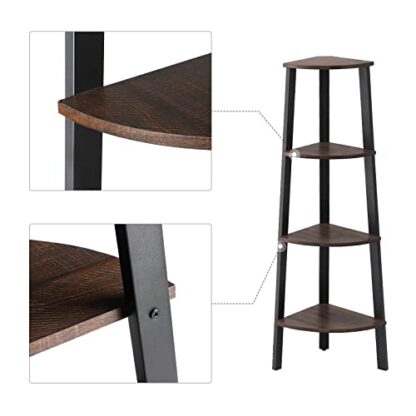 Rustic Dark Brown + Black Corner Shelf, 4-Tier Industrial Ladder Bookcase, Storage Rack - Image 3