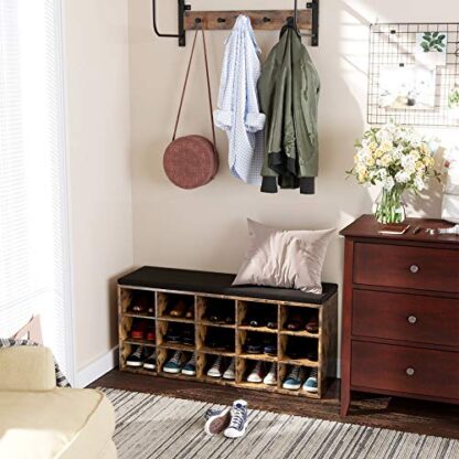 Rustic Brown + Brown Shoe Bench with Cushion, Storage Bench with 15 Compartments, Shoe Rack Bench, Shoe Shelf, Storage Cabinet, for Entryway - Image 6