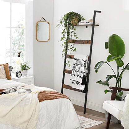 Rustic Brown + Black Blanket Ladder, Wall-Leaning Rack with Storage Shelf - Image 8