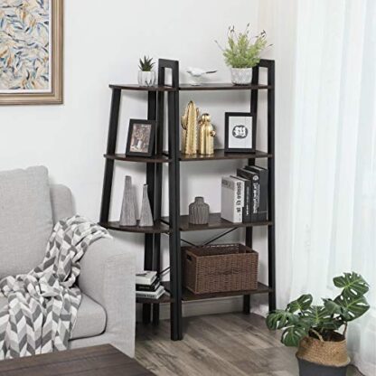 Rustic Dark Brown + Black Corner Shelf, 4-Tier Industrial Ladder Bookcase, Storage Rack - Image 5