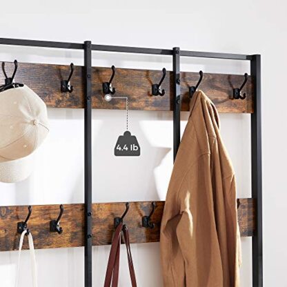 Rustic Brown + Black Large Coat Rack Stand, Coat Tree with 12 Hooks and Shoe Bench - Image 8