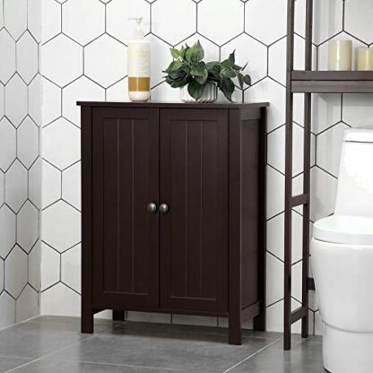 Brown Bathroom Floor Storage Cabinet with Double Door Adjustable Shelf - Image 4