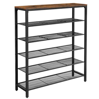 Rustic Brown + Black Shoe Rack, Shoe Storage Organizer with 5 Mesh Shelves - Image 8