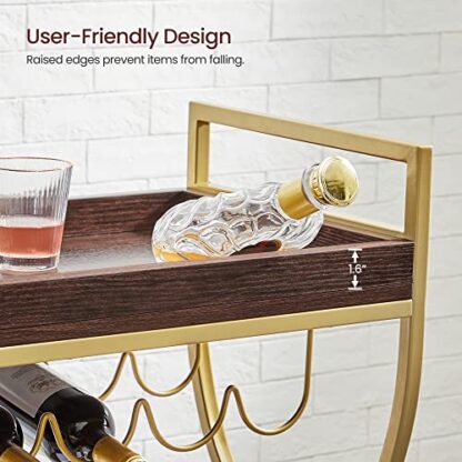 Gold + Cherrywood Bar Cart Gold, Home Bar Serving Cart, Kitchen Serving Cart with Wine Holders - Image 2