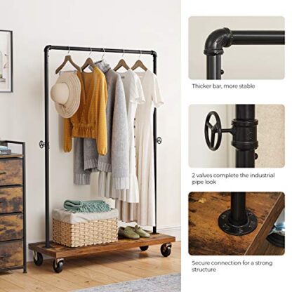 Rustic Brown + Black Clothes Rack, Heavy Duty Clothing Rack, Industrial Pipe Style Rolling Garment Rack with Shelf, for Bedroom, Laundry Room, Retail Store - Image 6