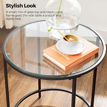 Black Round Side Table, Glass End Table with Metal Frame, Small Coffee Accent Table, Bedside Table, Modern Style, for Living Room, Balcony, Bedroom - Image 5