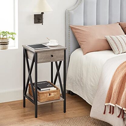 Greige + Black End Table, Side Table, Tall Nightstand with Drawer and Storage Shelf - Image 9