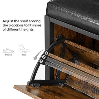 Rustic Brown + Black Shoe Bench, Padded Shoe Storage Bench - Image 5