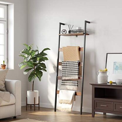 Rustic Brown + Black Blanket Ladder, Wall-Leaning Rack with Storage Shelf - Image 9