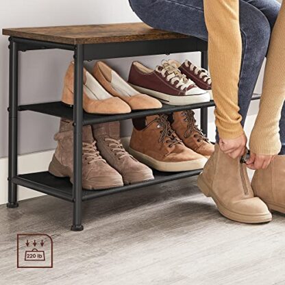 Rustic Brown + Black Shoe Bench, Shoe Rack Bench for Entryway, with 2 Fabric Storage Shelves - Image 6