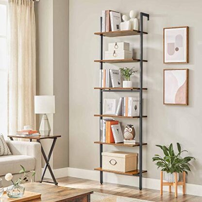 Rustic Brown + Black Industrial Ladder Shelf, 6-Tier Bookshelf, Wall Shelf - Image 9