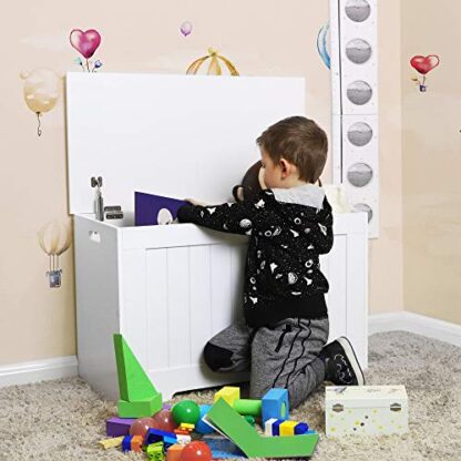 White Lift-Top Storage Chest, Entryway Bench with 2 Safety Hinges, Wooden Box - Image 5