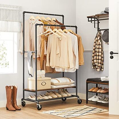 Rustic Brown + Black Rolling Clothes Rack, Double Rail Garment Rack on Wheels - Image 2