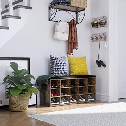 Rustic Brown + Brown Shoe Bench with Cushion, Storage Bench with 15 Compartments, Shoe Rack Bench, Shoe Shelf, Storage Cabinet, for Entryway - Image 5