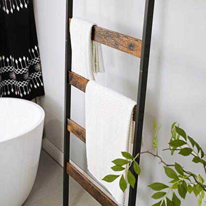 Rustic Brown + Black Blanket Ladder, Wall-Leaning Rack with Storage Shelf - Image 3