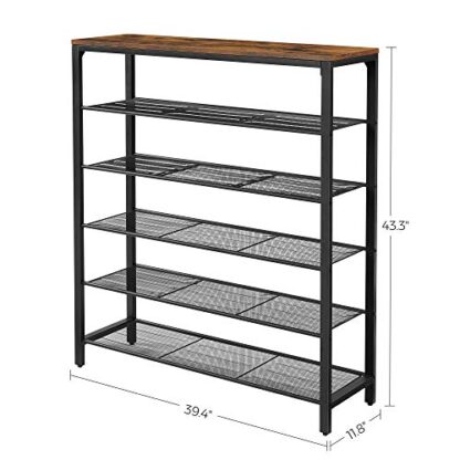 Rustic Brown + Black Shoe Rack, Shoe Storage Organizer with 5 Mesh Shelves - Image 3