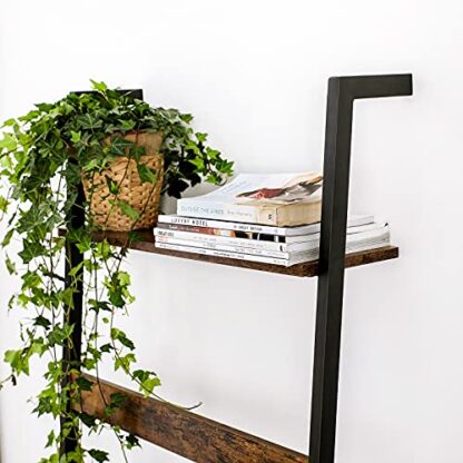 Rustic Brown + Black Blanket Ladder, Wall-Leaning Rack with Storage Shelf - Image 4