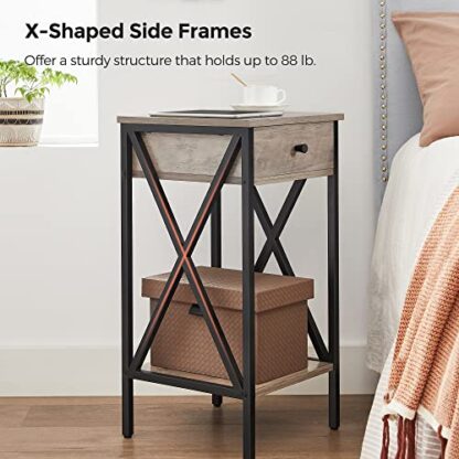 Greige + Black End Table, Side Table, Tall Nightstand with Drawer and Storage Shelf - Image 6