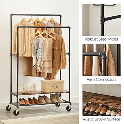 Rustic Brown + Black Rolling Clothes Rack, Double Rail Garment Rack on Wheels - Image 7