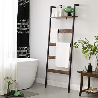 Rustic Brown + Black Blanket Ladder, Wall-Leaning Rack with Storage Shelf - Image 7