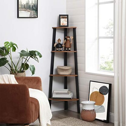 Rustic Brown Corner Shelf, 4-Tier Industrial Ladder Bookcase, Storage Rack - Image 8