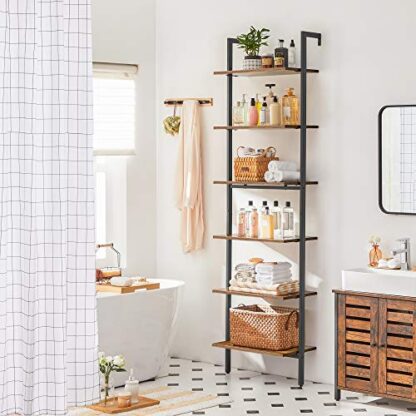 Rustic Brown + Black Industrial Ladder Shelf, 6-Tier Bookshelf, Wall Shelf - Image 8