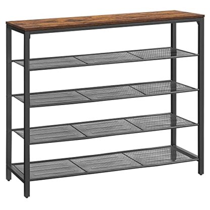 Rustic Brown + Black Shoe Rack, Shoe Organizer for Closet with 4 Mesh Shelves - Image 9