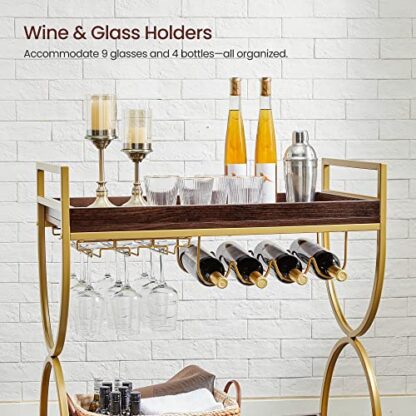 Gold + Cherrywood Bar Cart Gold, Home Bar Serving Cart, Kitchen Serving Cart with Wine Holders - Image 5