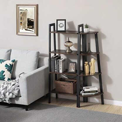 Rustic Dark Brown + Black Corner Shelf, 4-Tier Industrial Ladder Bookcase, Storage Rack - Image 6