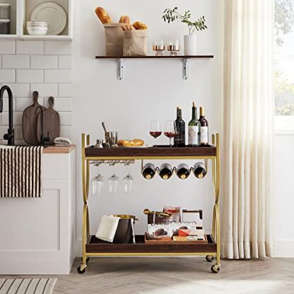 Gold + Cherrywood Bar Cart Gold, Home Bar Serving Cart, Kitchen Serving Cart with Wine Holders - Image 6