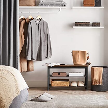 Rustic Brown + Black Shoe Bench, Shoe Rack Bench for Entryway, with 2 Fabric Storage Shelves - Image 7