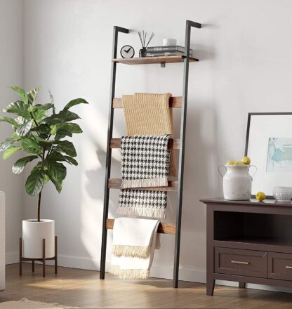 Rustic Brown + Black Blanket Ladder, Wall-Leaning Rack with Storage Shelf