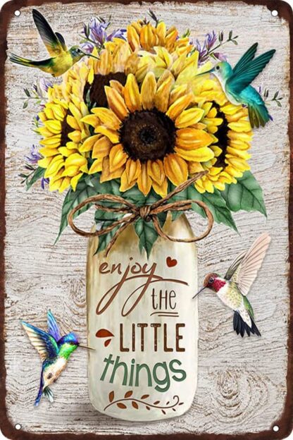 8x12 inch Enjoy the Little Things Sunflower Hummingbird Metal Tin Sign