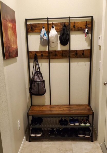 Rustic Brown + Black Large Coat Rack Stand, Coat Tree with 12 Hooks and Shoe Bench