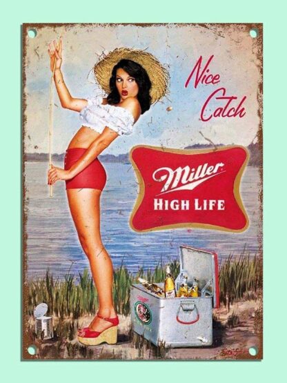 8x12 inch Miller Beer Girl Fishing Sign Bar Den Bedroom Cave Garage