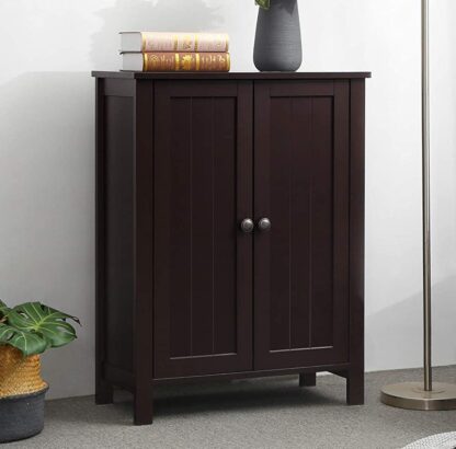 Brown Bathroom Floor Storage Cabinet with Double Door Adjustable Shelf