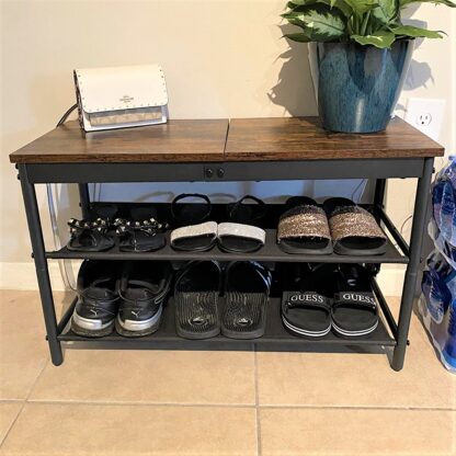 Rustic Brown + Black Shoe Bench, Shoe Rack Bench for Entryway, with 2 Fabric Storage Shelves