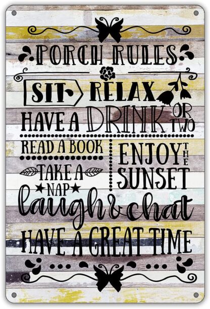 8x12 inch Funny Porch Rules Metal Tin Sign Wall Décor Farmhouse Rustic Sign