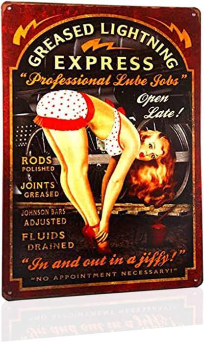 8x12 inch Greased Lightning Pin Up Girls Tins This ''Professional Lube Jobs'' pin up Girl