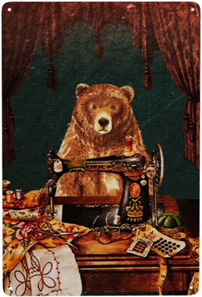 8x12 inch Sewing Machine Tin Painting Bear Vintage Tin Mural Metal Sign