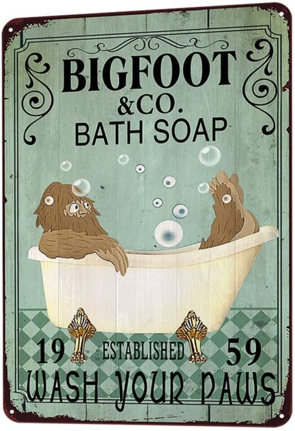 8x12 inch Bigfoot & Co. Bath Soap Tin Sign Wash Your Paws Metal Sign