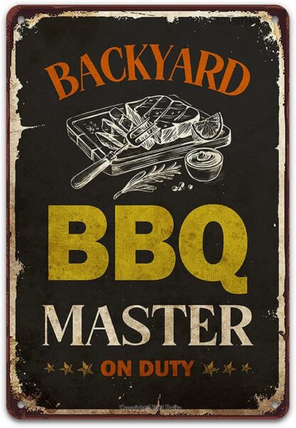 8x12 inch Backyard BBQ Master On Duty Vintage Tin Sign