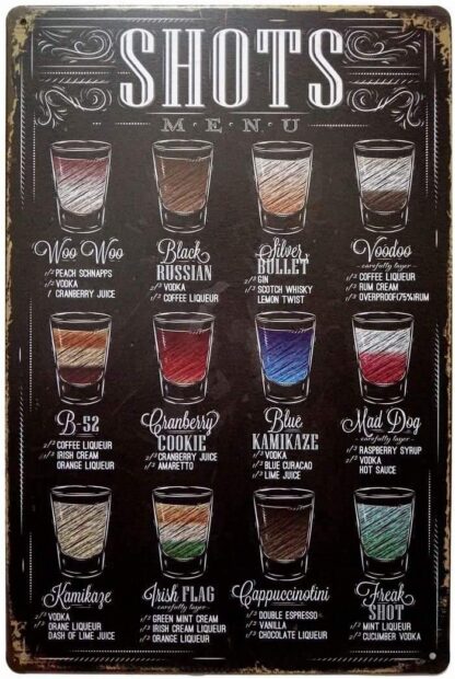 8x12 inch Shots Menu Retro Vintage Bar Metal Tin Sign Poster Ptyle