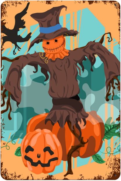 8x12 inch Halloween Scarecrow Dancing with Pumpkin Lantern Tin Signs